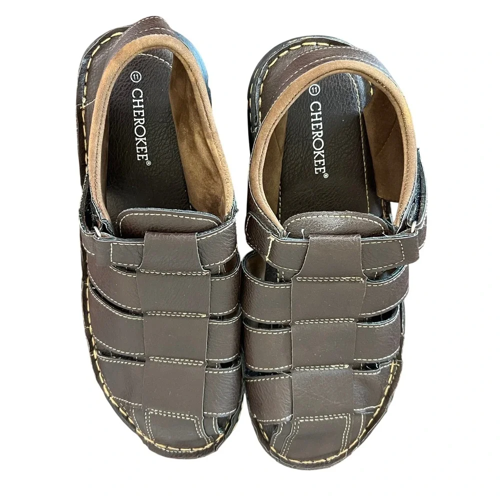 Cherokee Mens Dark Brown Faux Leather Fisherman Sandals Size 11 Hook and Loop